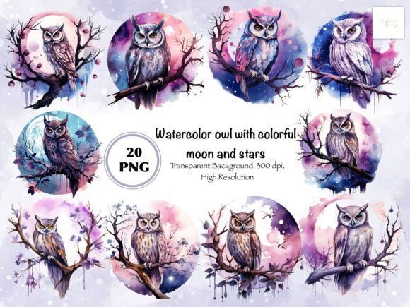 Download Watercolor Owl with Moon and Stars - Moon and stars Collection