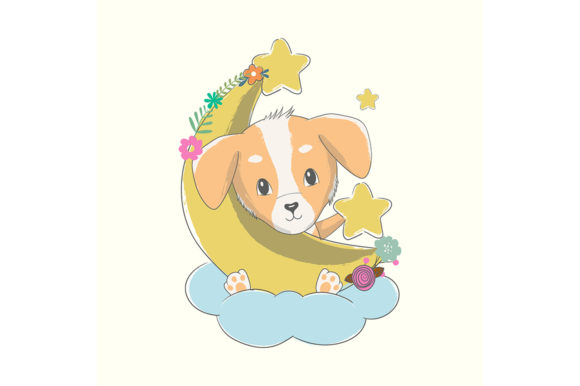 Download Cute Little Dog with Moon and Stars - Moon and stars Collection